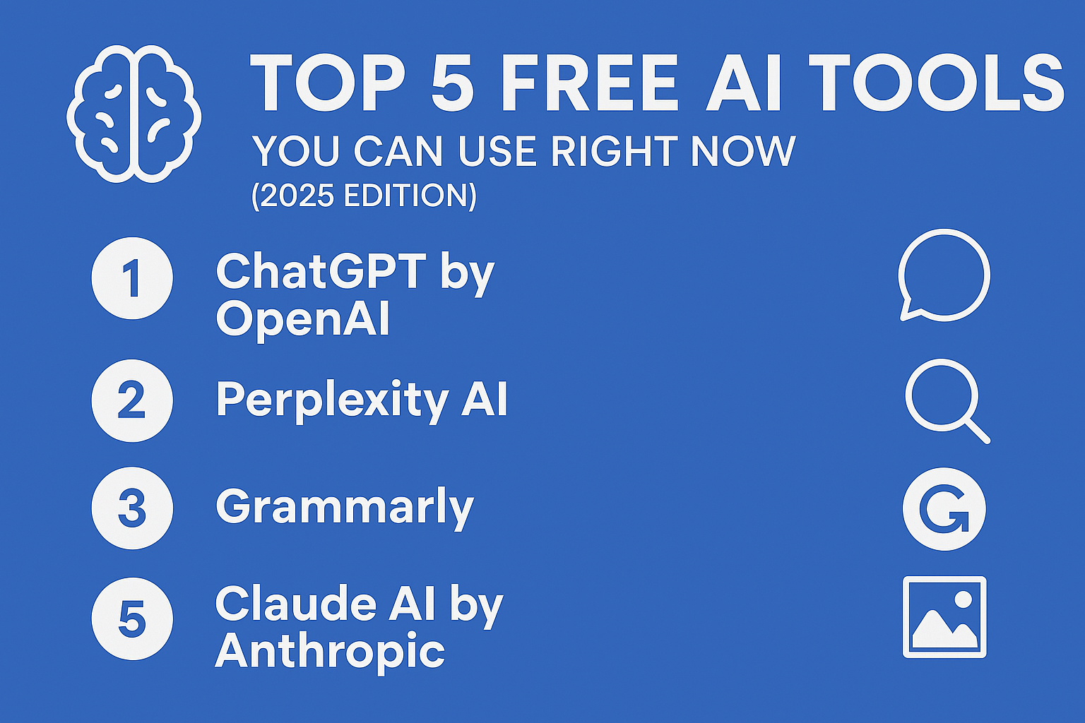 Illustration of top 5 free AI tools in 2025 including ChatGPT, Perplexity AI, Grammarly, Canva, and Claude AI, with icons representing writing, research, design, and coding on a digital dashboard.